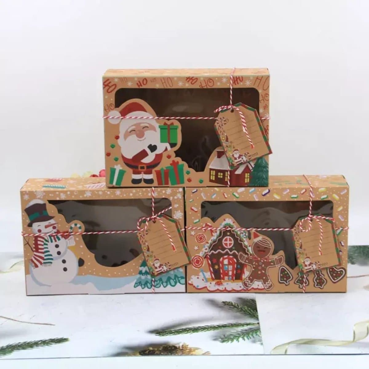 6 x Kerst Kraft Papieren Cadeaudozen met Transparant Deksel – Stevig & Herbruikbaar – Geschenkdoos - Gebakdoos