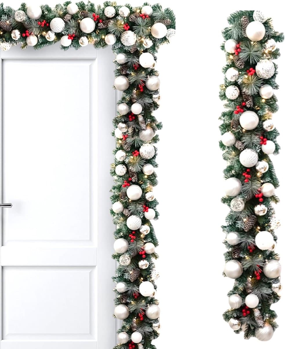 Kerstguirlande Met Verlichting - Kunstmatige Slinger - Feestelijke Decoratie - Automatische Timer - 135 cm - Zilver