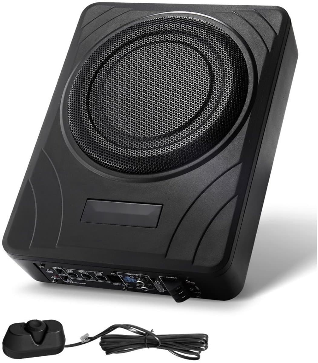 Subwoofer voor in de auto - Onderstoel actieve 300W - Ingebouwde versterker - Platte compacte behuizing - Hoge/lage ingang - Volumeregeling - Voor SUV, vrachtwagen en camper