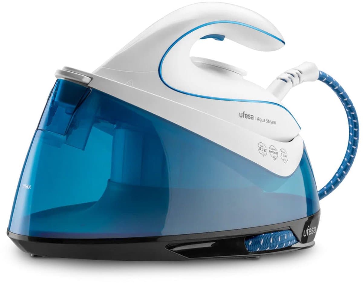 Ufesa Aqua Steam Stoomgenerator – 2400W – 6 Bar – 320g Stoomstoot – 1,5L Watertank – Keramische Zoolplaat – Verticaal Stomen – Anti-Kalk