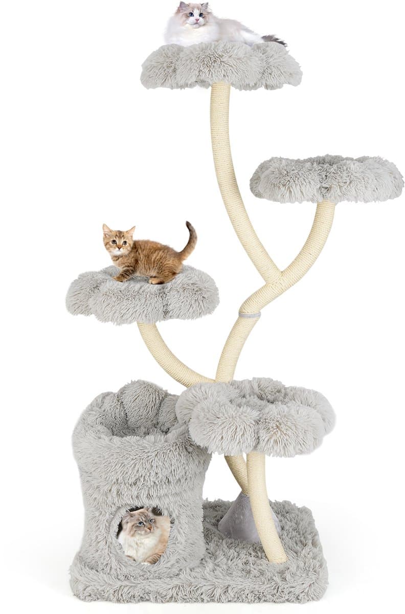 COSTWAY 165 cm krabpaal van hout, kattenboom met 4 warme ligvlakken, kattenhol en sisalstammen, klimboom, kattenkrabpaal groot, kattentoren met metalen frame, kattenmeubel voor katten