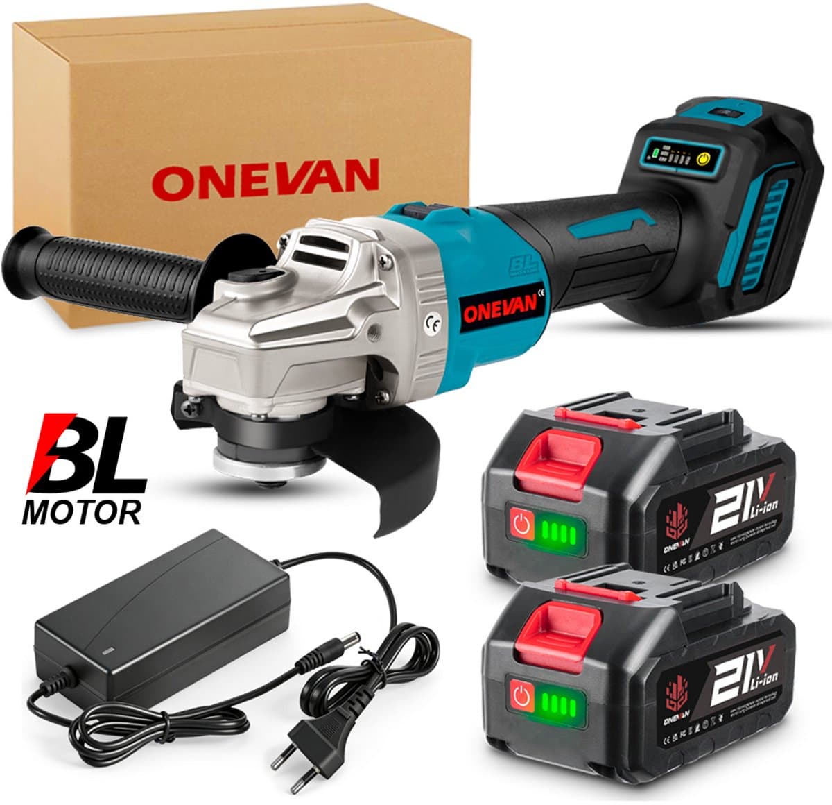 ONEVAN 125mm Borstelloze Accu Haakse Slijper, 6 Snelheden DIY Polijstmachine, Houtbewerking Polijstmachine Set