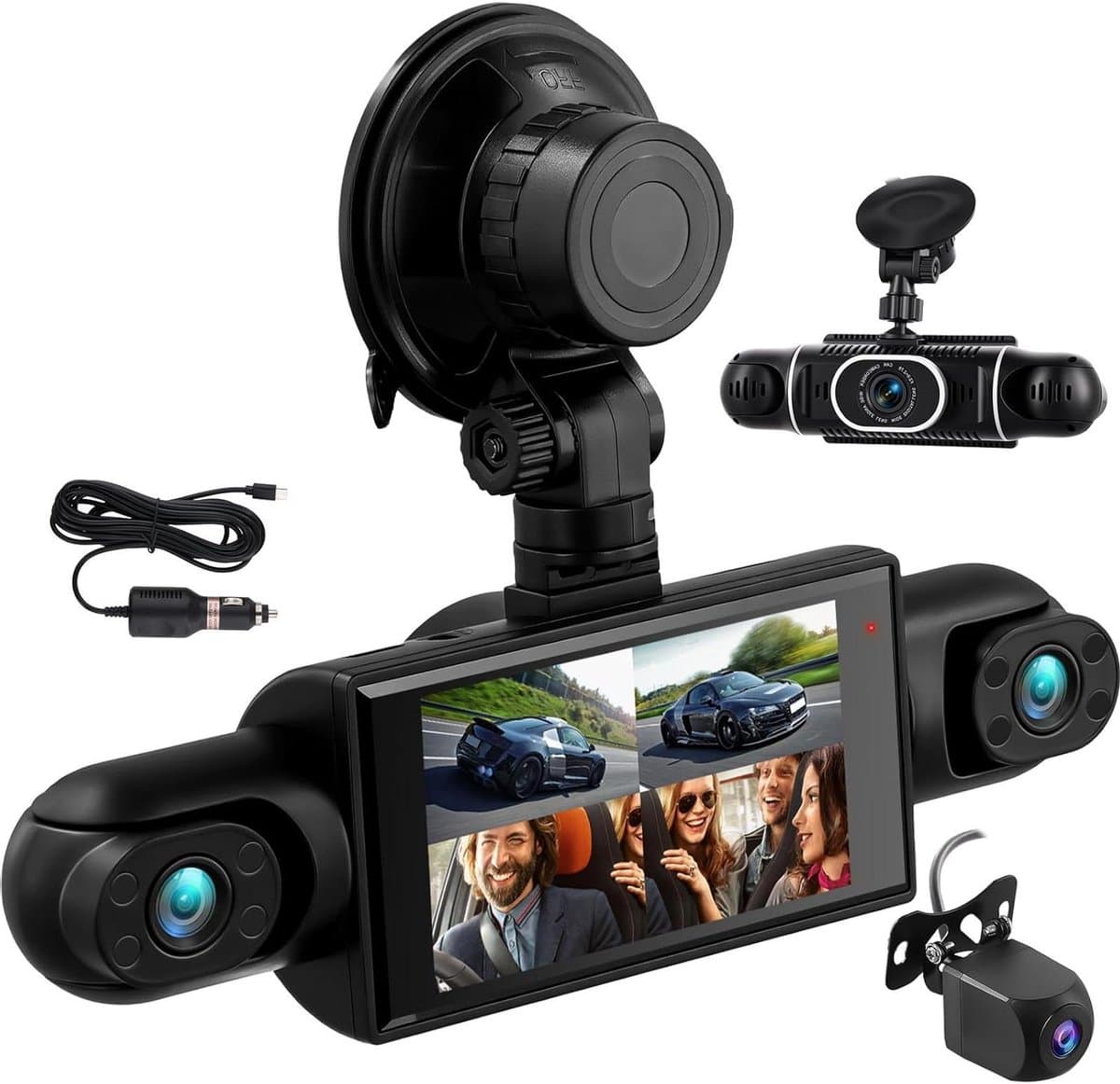 Mini Dashcam - Auto Camera - Rit Opnemen - 4 Lens 1080P - 3 Inch Scherm - Zwart