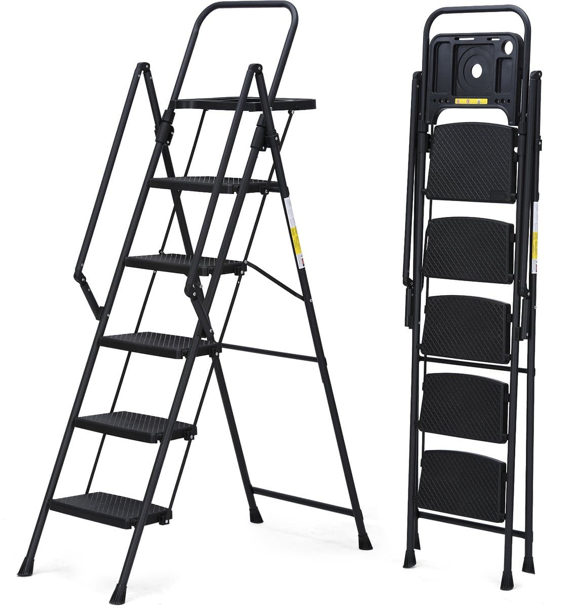 Opvouwbare Trapladder 5 Treden - Huishoudtrap-Inklapbare Ladder - Stalen Trapleer - Antislip Treden - Met Leuning - Gereedschapsbakje - Voor Binnen - 5 Treden - Klussen
