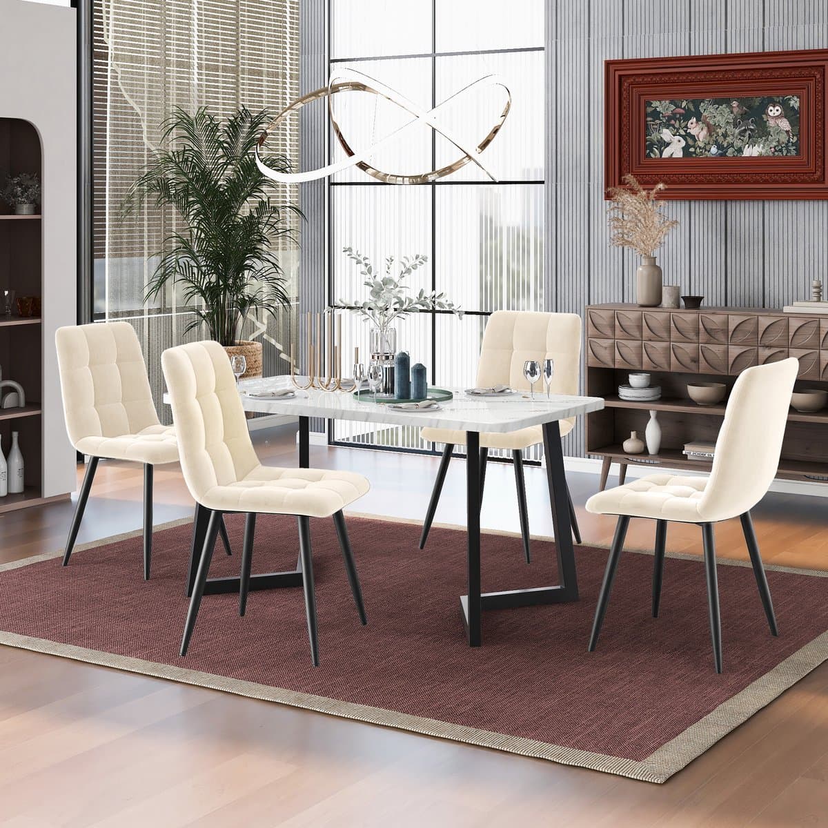 STILVORA Eettafelset Met 4 Stoelen - Rechthoekige Eettafel Voor Keuken En Eetkamer - Beige Fluwelen Stoelen - MDF Tafel 117×68×75 Cm