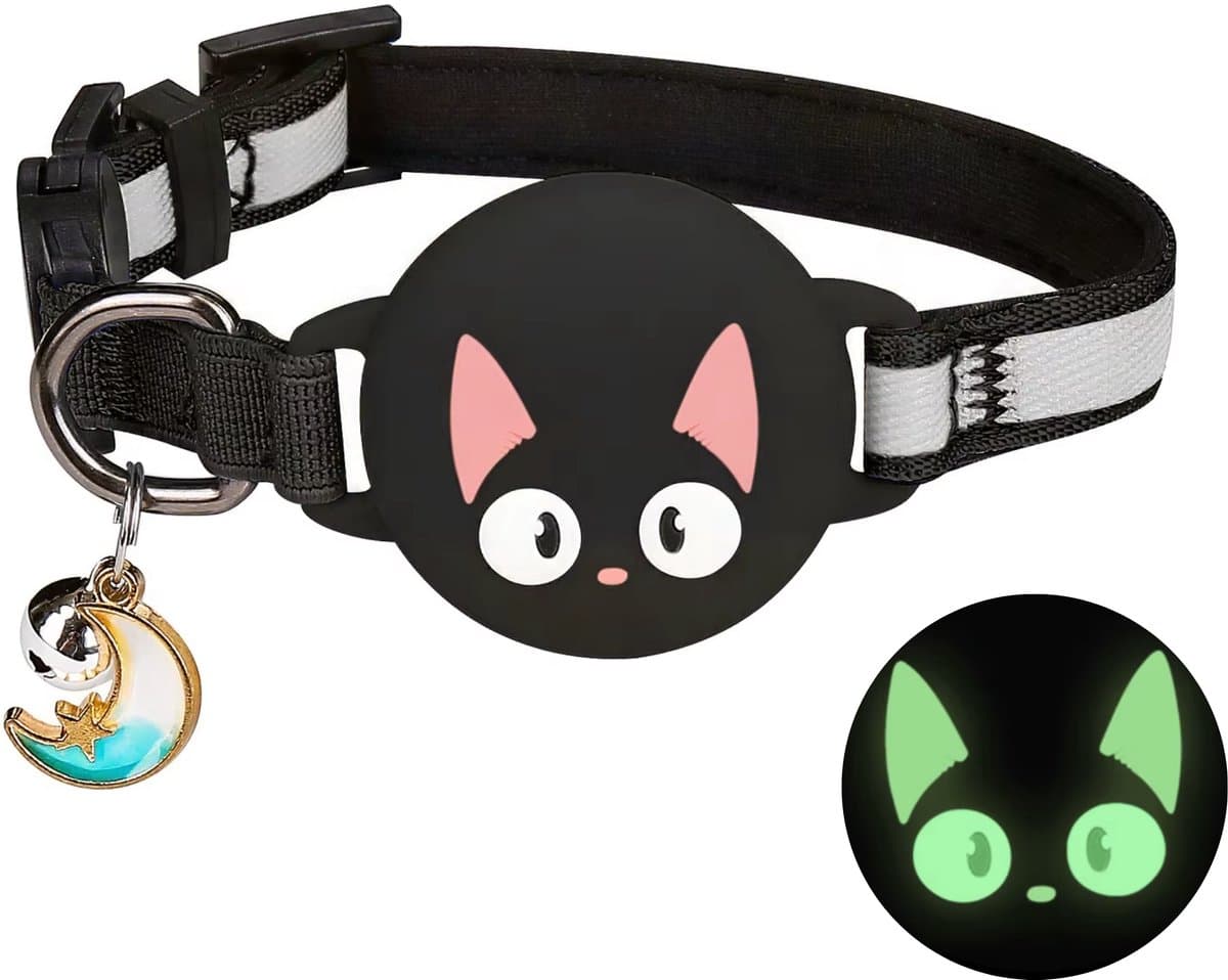 Pets n Paws Kattenhalsband Tag Houder - Verstelbare Halsband Kat - Met belletje - Glow in the Dark - Reflecterend - Geschikt voor AirTag - Kat GPS Tracker Houder - Kitten / Hond - Kattenbandje - Cat Collar - Kattenriem