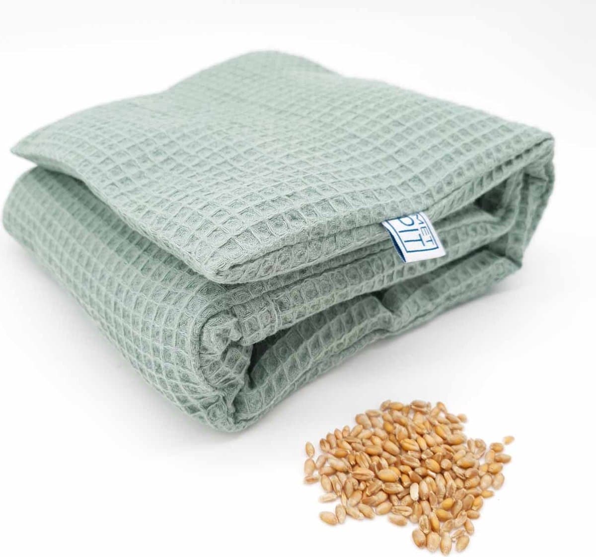 XL Met Pit ✿ Nek en schouders - Wasbare hoes - Warmte pittenkussen / coldpack – Magnetron / Vriezer - Pittenzak Made in NL/BE – Geen kersenpitkussen maar tarwe – Oud groen Wafel