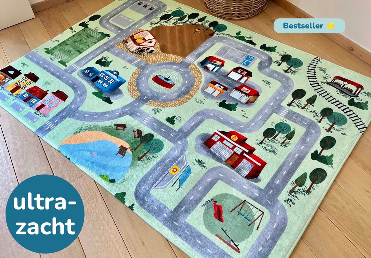 Mats & Joy® Village Auto Speelmat 130x180cm - Fluweelzacht - Anti-slip - Wasbaar - Groot Auto Speeltapijt Kinderen - Speelkleed Baby - Autokleed
