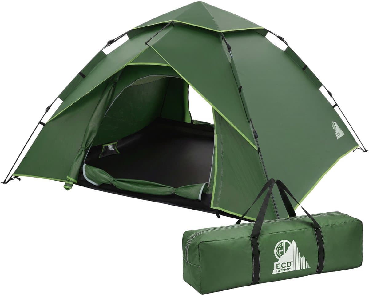 Pop-up tent voor 4 personen, kampeertent outdoor groen, dubbelwandige koepeltent met 2 deuren, waterdicht & winddicht met draagtas