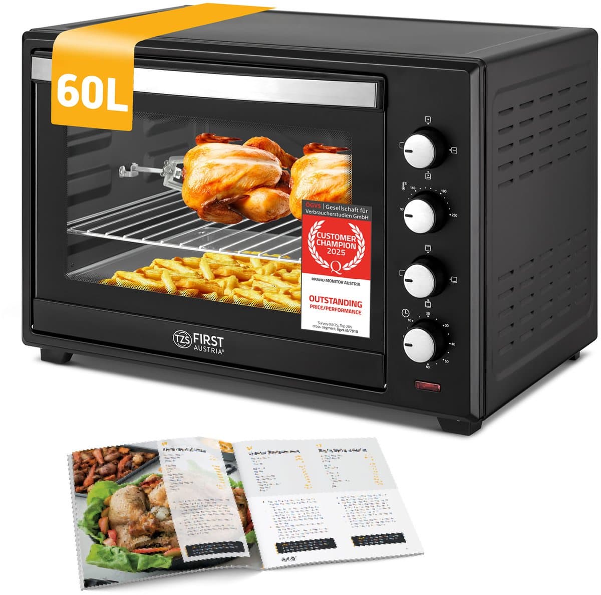 TZS First Austria mini oven 60L - 2000W - Vrijstaande Heteluchtoven - max 230°C - Zwart