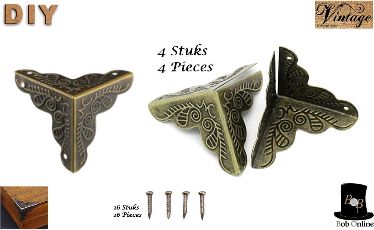 Bob Online ™ - 4 Stuks – Bronzen – Meubel Hoekbeschermers + 16 Spijkers – Kisthoek Messing Antiek – Kisthoek Beschermers – Kisthoeken – Meubelbeslag – 4 Pcs – Bronze – Furniture Corner Protectors – Decoratieve Hoeken