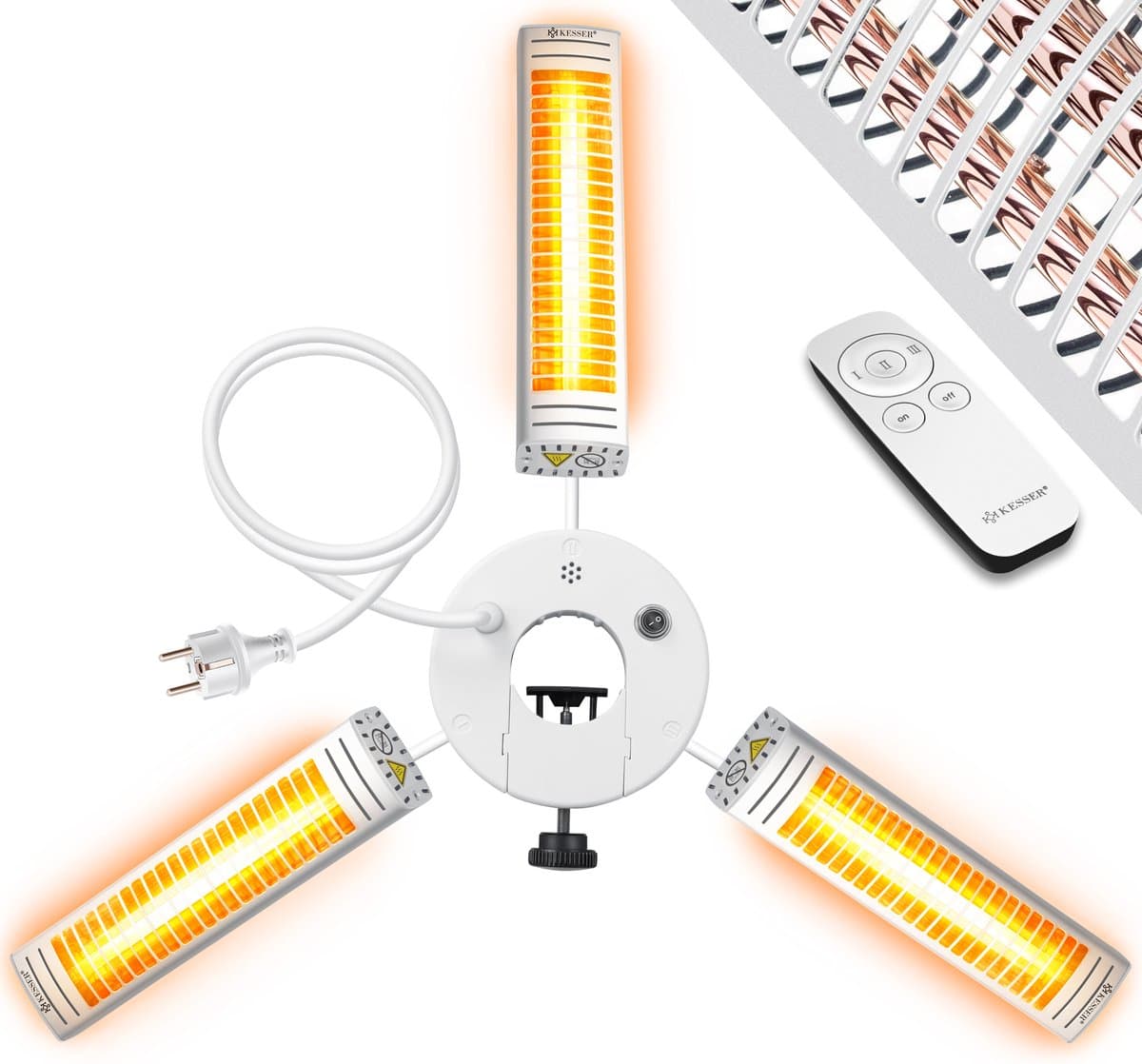 KESSER® Terrasverwarmer 3000W Elektrische Kachel voor Parasol - Infrarood Verwarming Heater Sfeervolle Verwarmer met Afstandsbediening IP65 Weerbestendig - Zilver