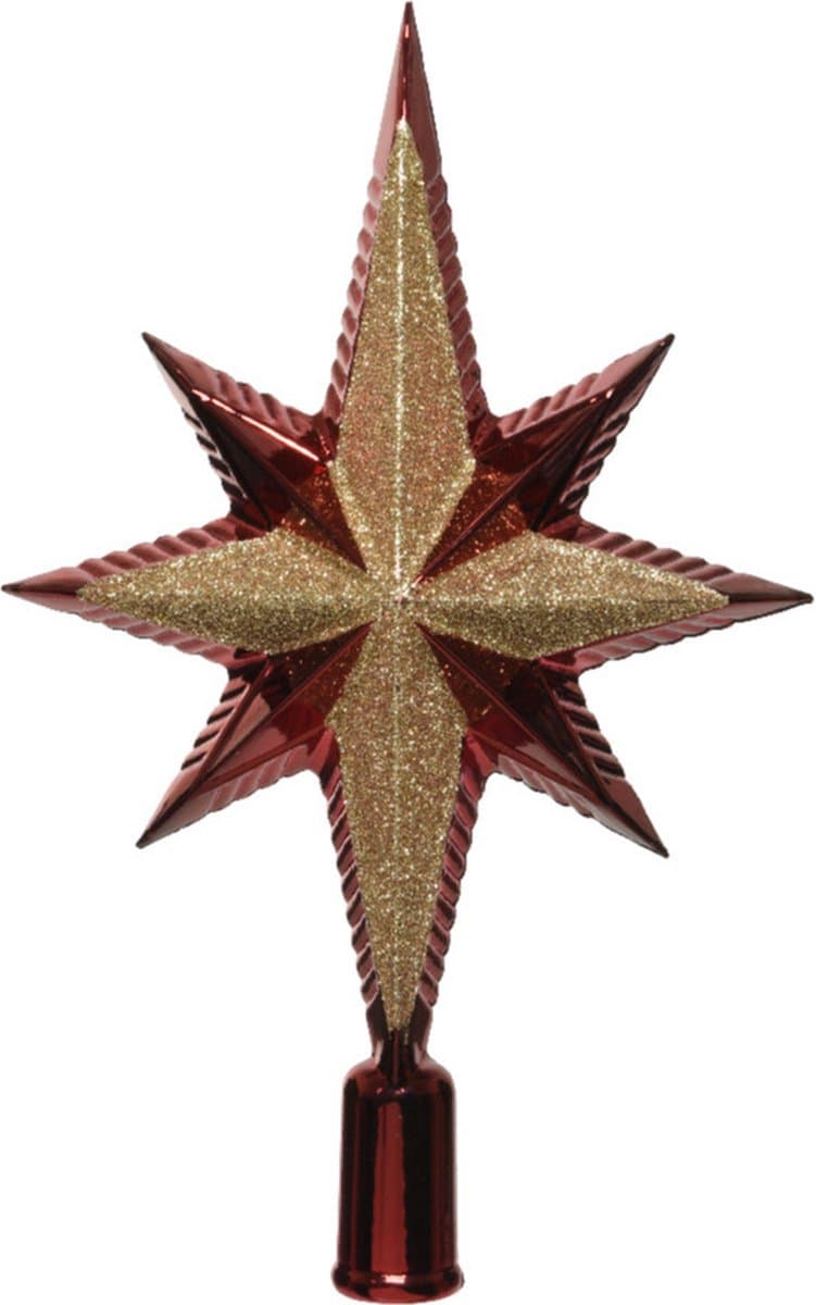 Decoris Kerstboom piek - ster vorm - donkerrood - kunststof - 25,5 cm - kerstpiek