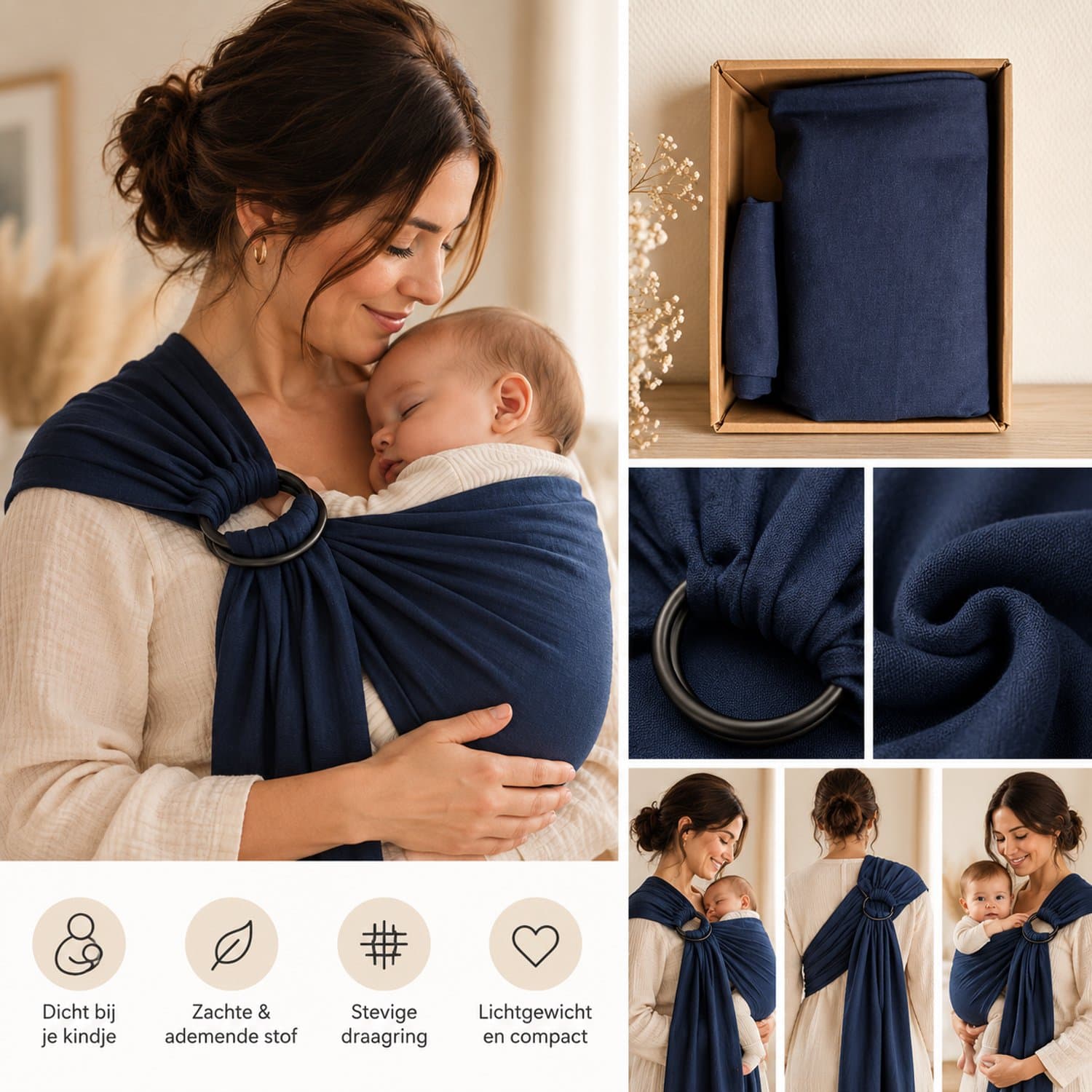 Ringsling Baby Draagdoek Navy Blauw – Draagdoek met Ringen – Verstelbare Babydrager – Draagdoek Baby