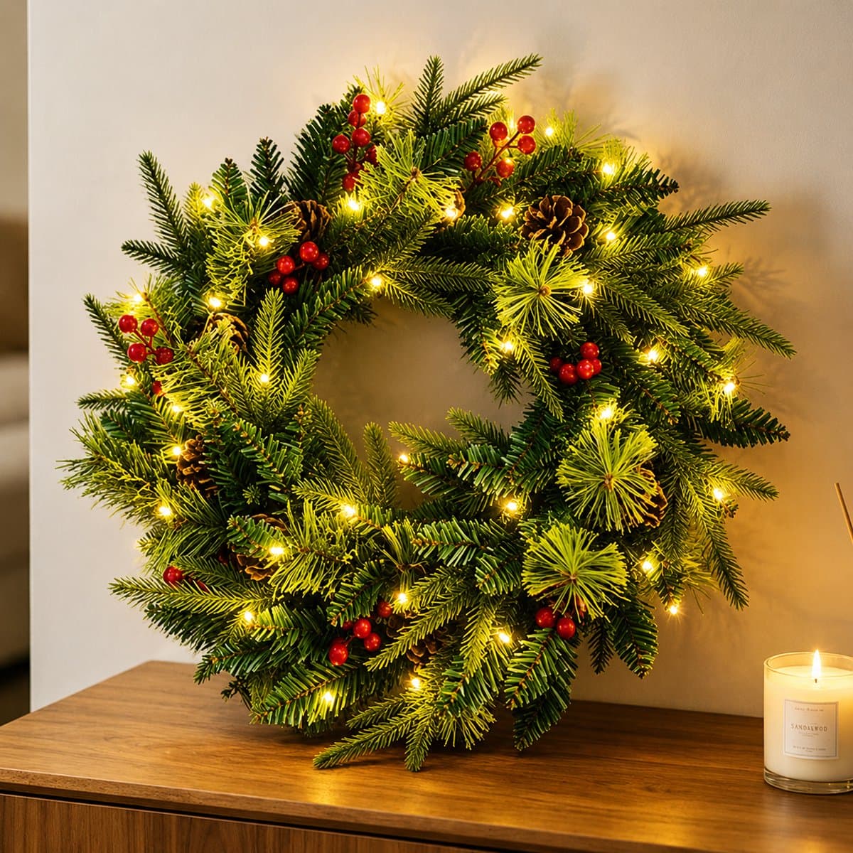 Meedeer Kerstkransen met Decoraties & LED verlichting(40cm)-Kerstkrans-Groen-Met 8 verlichtingsmodi-Met rode vrucht-PE+PVC-materiaal-Deurkransen kerstversiering- Kerstdecoratie - Kerstmis