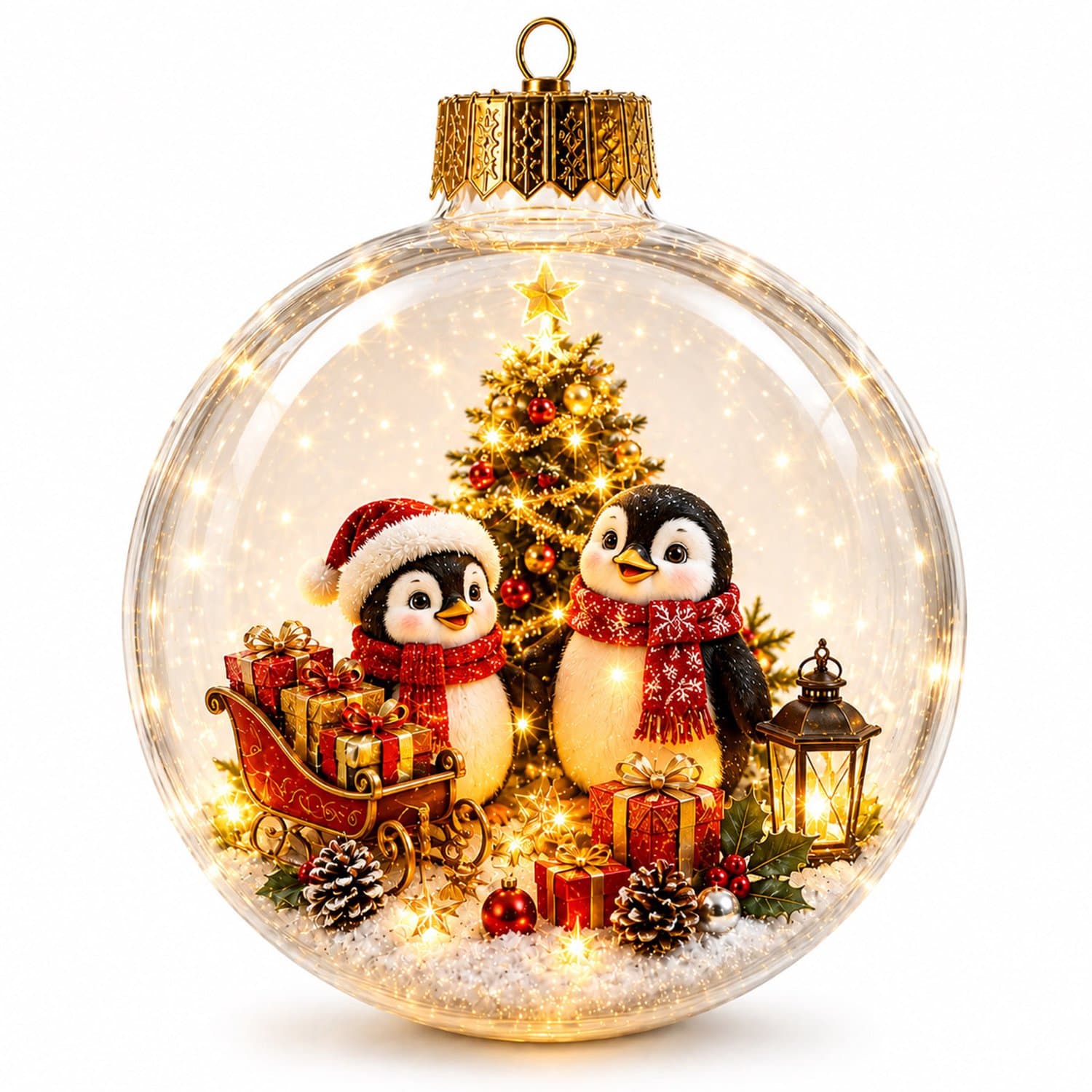 Verlichte transparante kerstbal ornament met pinguïn thema- 2D winter kerstprint- lichtgewicht PET kunststof- diameter 10 cm- met ophangring- feestdecoratie voor kerstboom- tafel en raam