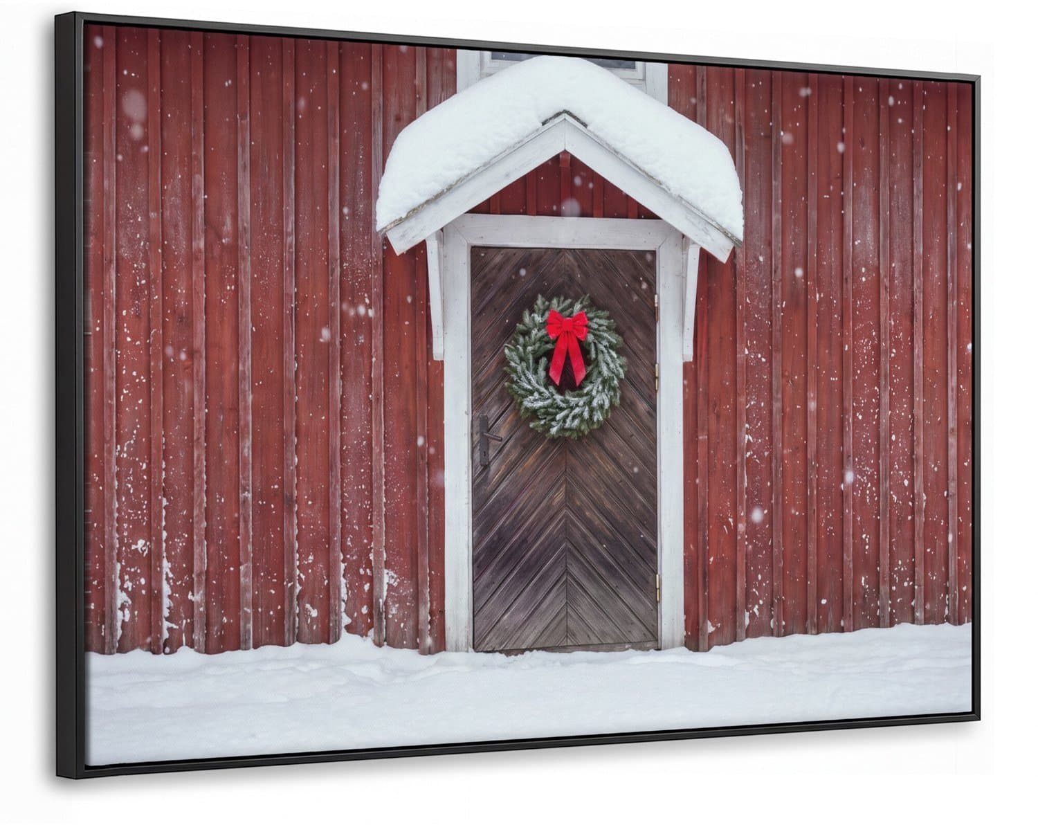 Canvas Schilderij met Baklijst XXL Canvas Schilderij met Baklijst 140x90cm - Deur - Kerstkrans - Winter - Muurdecoratie woonkamer - Slaapkamer decoratie - Kamer accessoires - Schilderijen op canvas met lijst groot