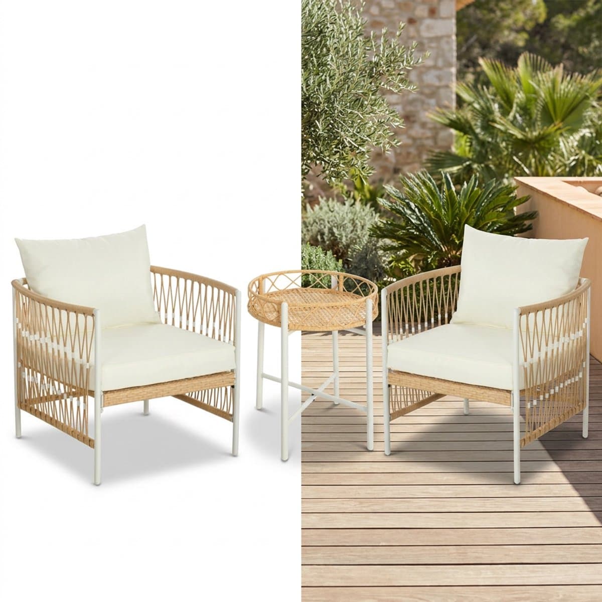 Balkonset 2 personen - Tuinset - Bistroset - Creme - 3 delig - Tuintafel en 2 stoelen - 2 personen - Gecoat staal - Onderhoudsvrij staal