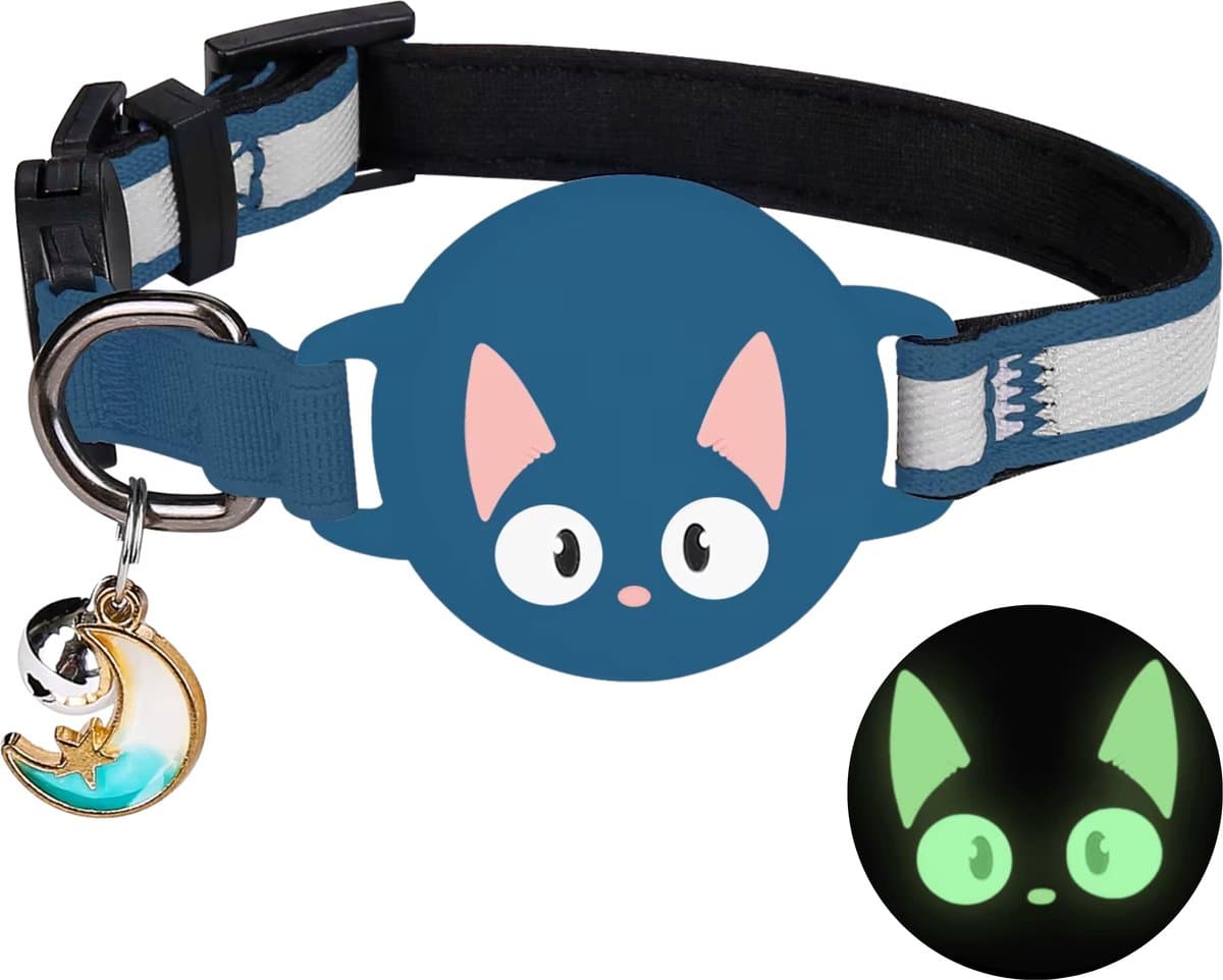 Pets n Paws Kattenhalsband Tag Houder - Verstelbare Halsband Kat - Met belletje - Glow in the Dark - Reflecterend - Geschikt voor AirTag - Kat GPS Tracker Houder - Kitten / Hond - Kattenbandje - Cat Collar - Kattenriem - Marineblauw