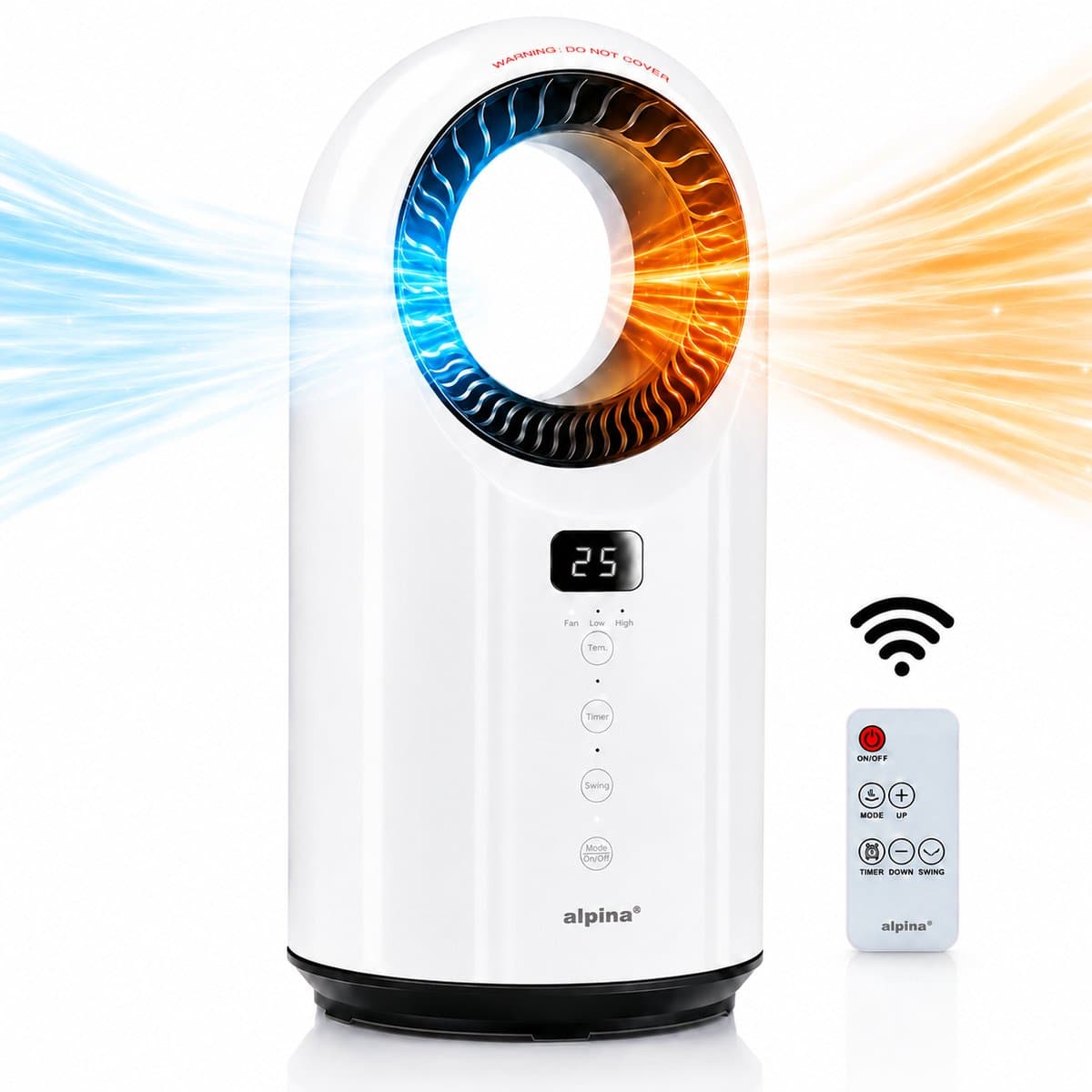 alpina Elektrische Verwarming en Ventilator 1500W – Bladloze Ventilatorkachel met LED Display – Ventilator Kachel met Timer en Afstandsbediening – Oscillerende Verwarming of Verkoeling – Wit