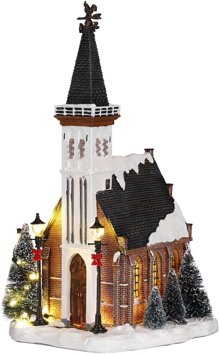 Luville Kerstdorp Miniatuur Kerk - Kerstversiering met Warme Verlichting en Besneeuwde Bomen - Kerst Decoratie voor Binnen op Batterijen - L15 x B16,5 x H31 cm - Meerkleurig