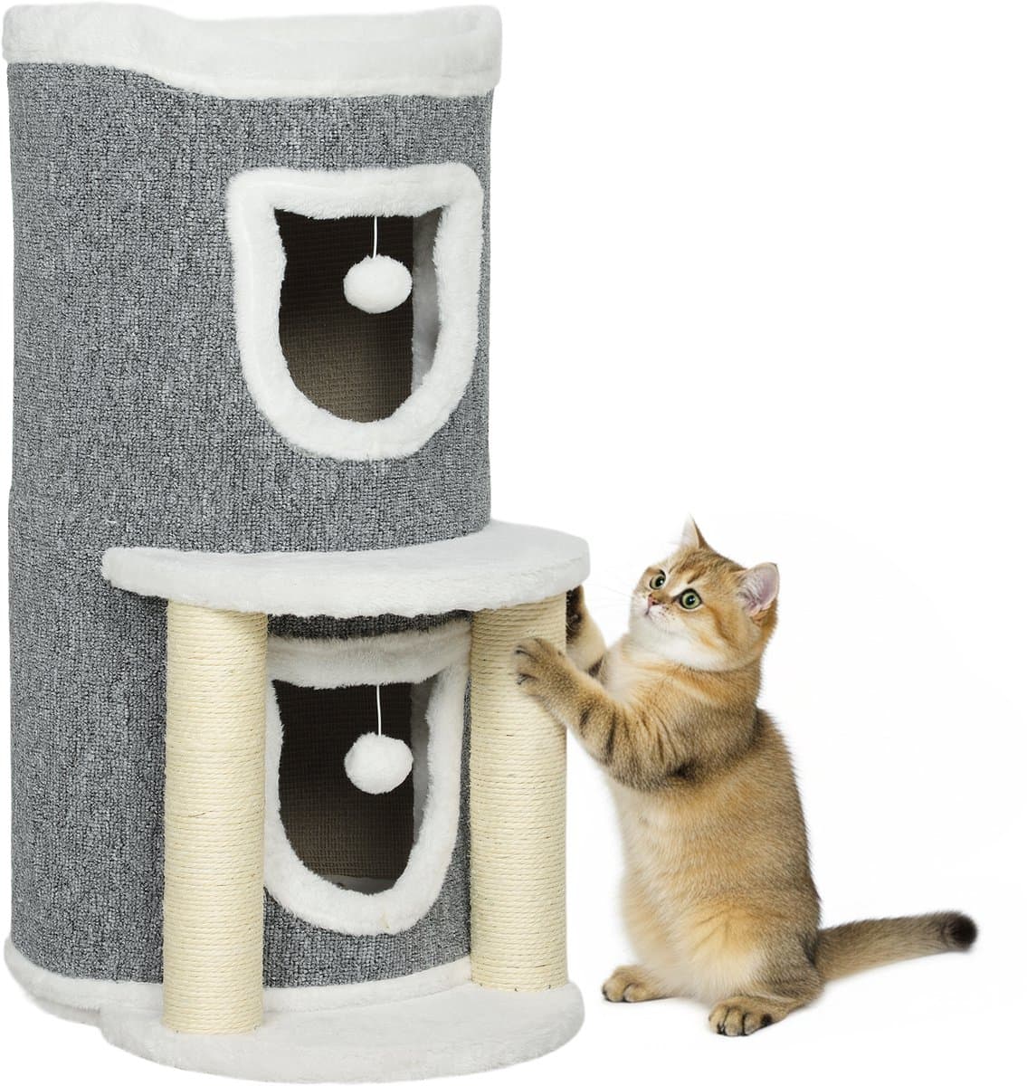 Krabpaal voor katten, hoogte 76 cm, met huisjes, bedje, ballen en sisal palen, grijs