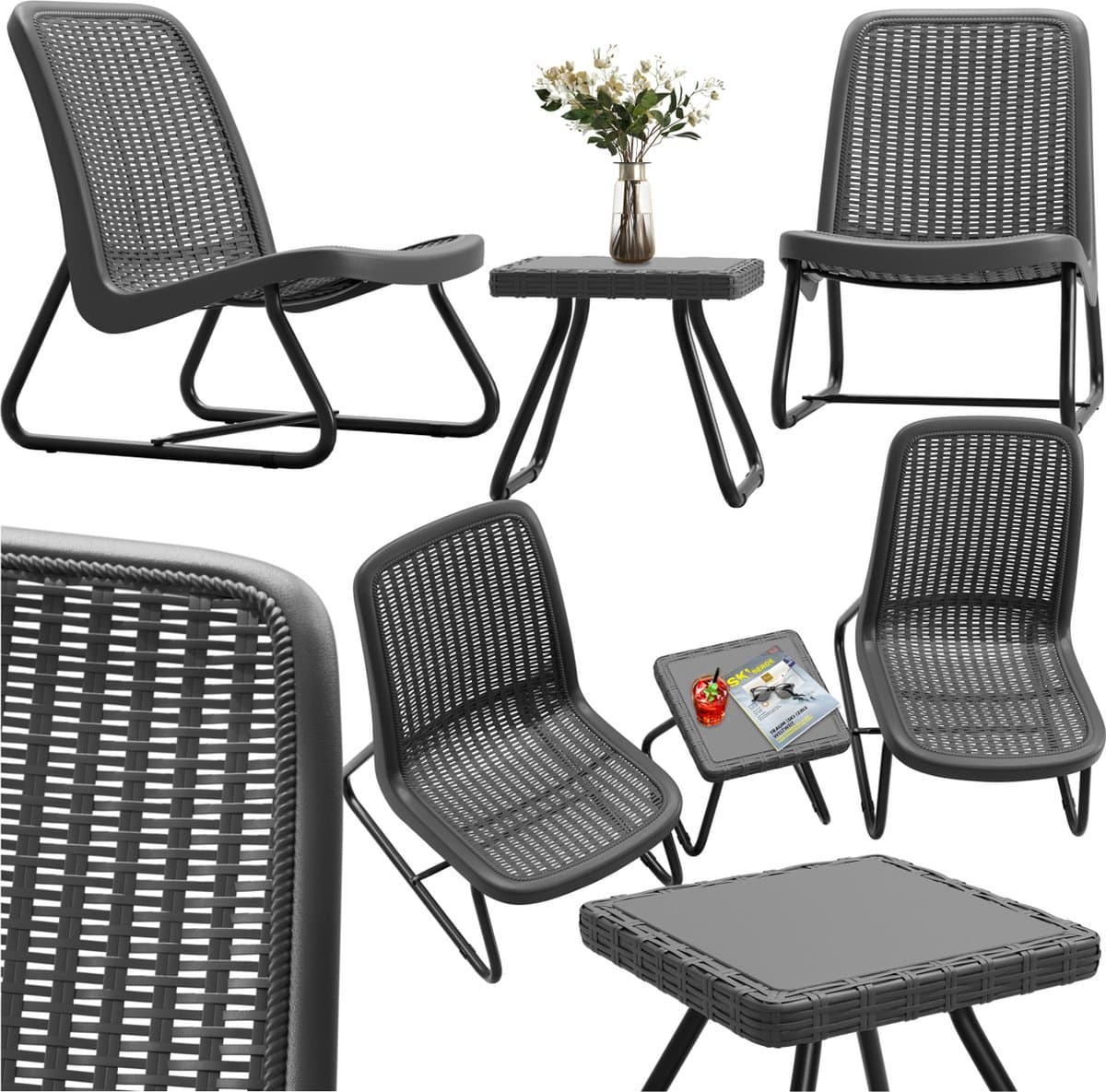 tectake® Tuinmeubelset voor 2 personen - Buitenmeubels - Weerbestendig - Balkon Set - Tuinset - Loungeset - Terrasmeubilair - Zitgroep met 2x loungestoelen en 1x tuintafel - bijzettafel - rotan look - grijs