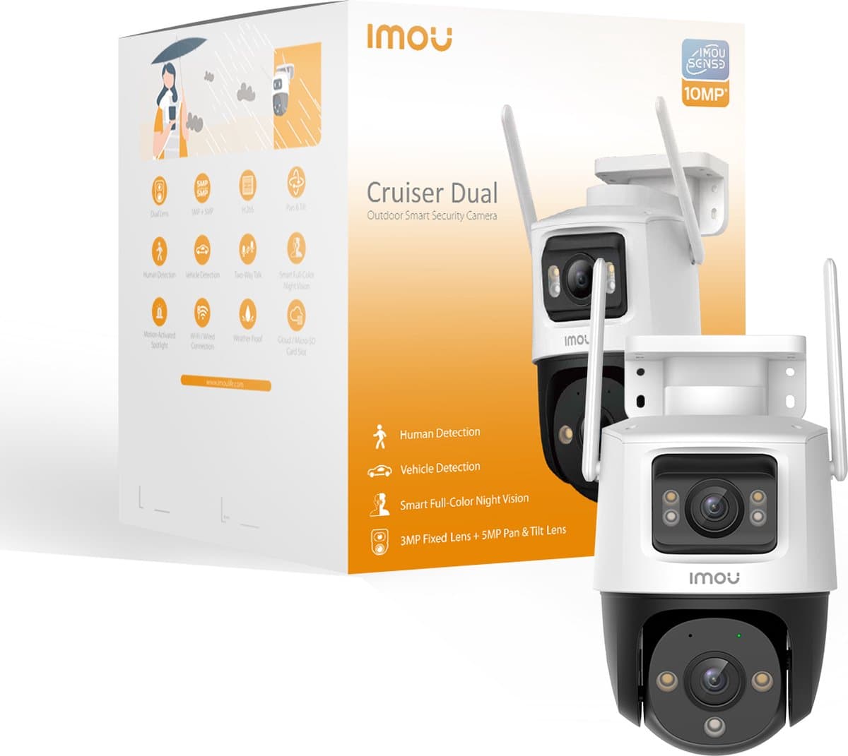 Imou Cruiser Dual 10MP - Beveiligingscamera Voor Buiten - Wit - Camera Met Dubbele Lens (2 x5MP) - 360° Dekking - Accurate Persoons- En Voertuigdetectie - Met Kleurennachtzicht - Sirene - IP66 Weerbestendig