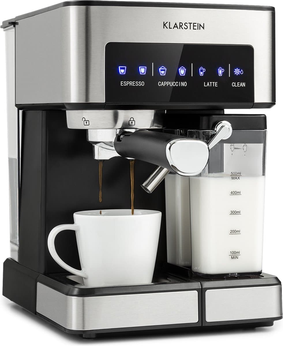 Klarstein Koffiemachine Espresso Pistonmachine met Melkopschuimer, 1,8 L Mini Espressomachine met Piston, 20 Bar RVS Compact, Melkreservoir, 1350 W Koffiemachine voor Gemalen Koffie - Stoompijpje Touch LED - Coffee Machine