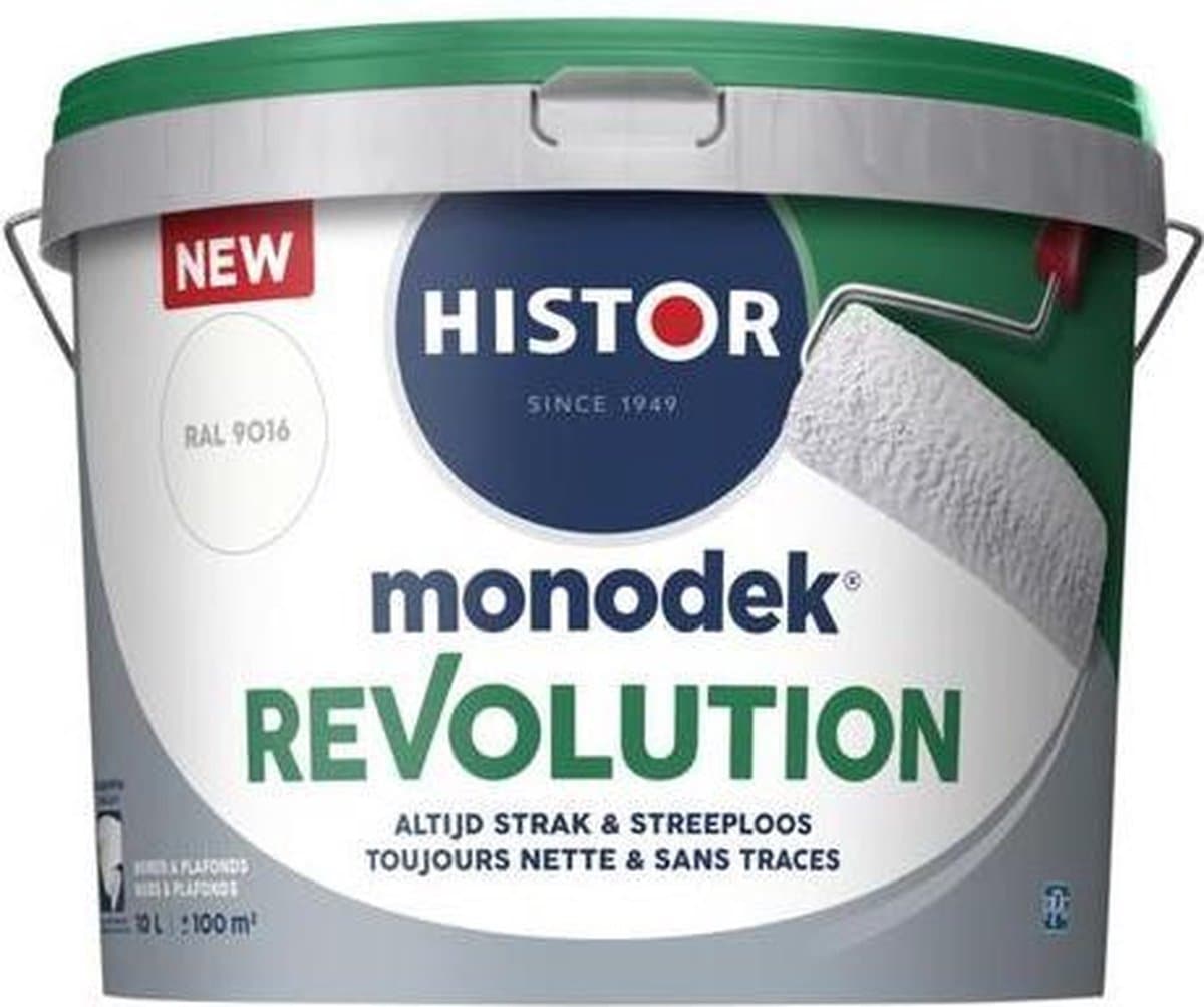 Histor Monodek Revolution – Muurverf Binnen Mat – Altijd Strak & Streeploos – Optimale Dekking – Afwasbaar – Geurarm – Voor Binnen – RAL 9016 – 10L