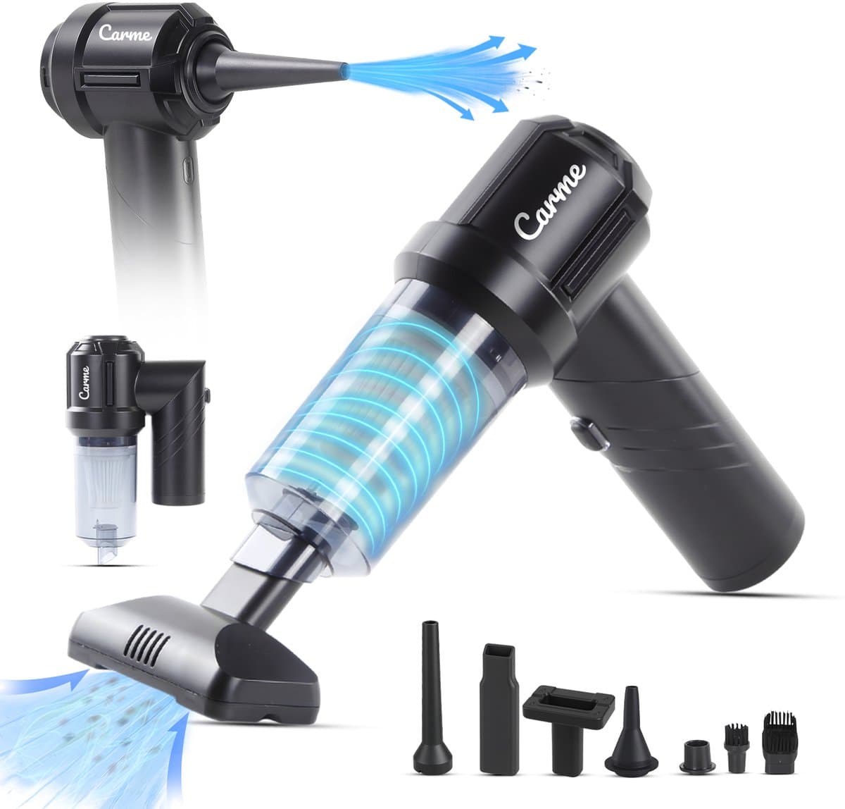 CarMe 2-in-1 Auto Stofzuiger - Zuigen & Blazen - Kruimeldief - 7 Opzetstukken - Oplaadbaar - Handstofzuiger - Air Duster - Zwart