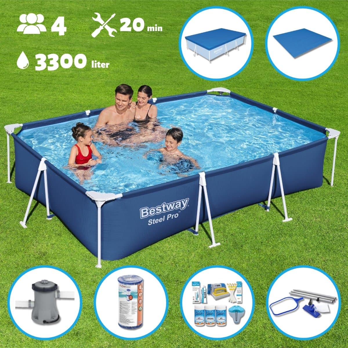 Bestway Zwembad - Opzetzwembad - Rechthoekig - 300 x 201 x 66 cm - Blauw - Inclusief Pomp - Filter - Chloorpakket - Onderzeil - Afdekzeil - Schoonmaakset