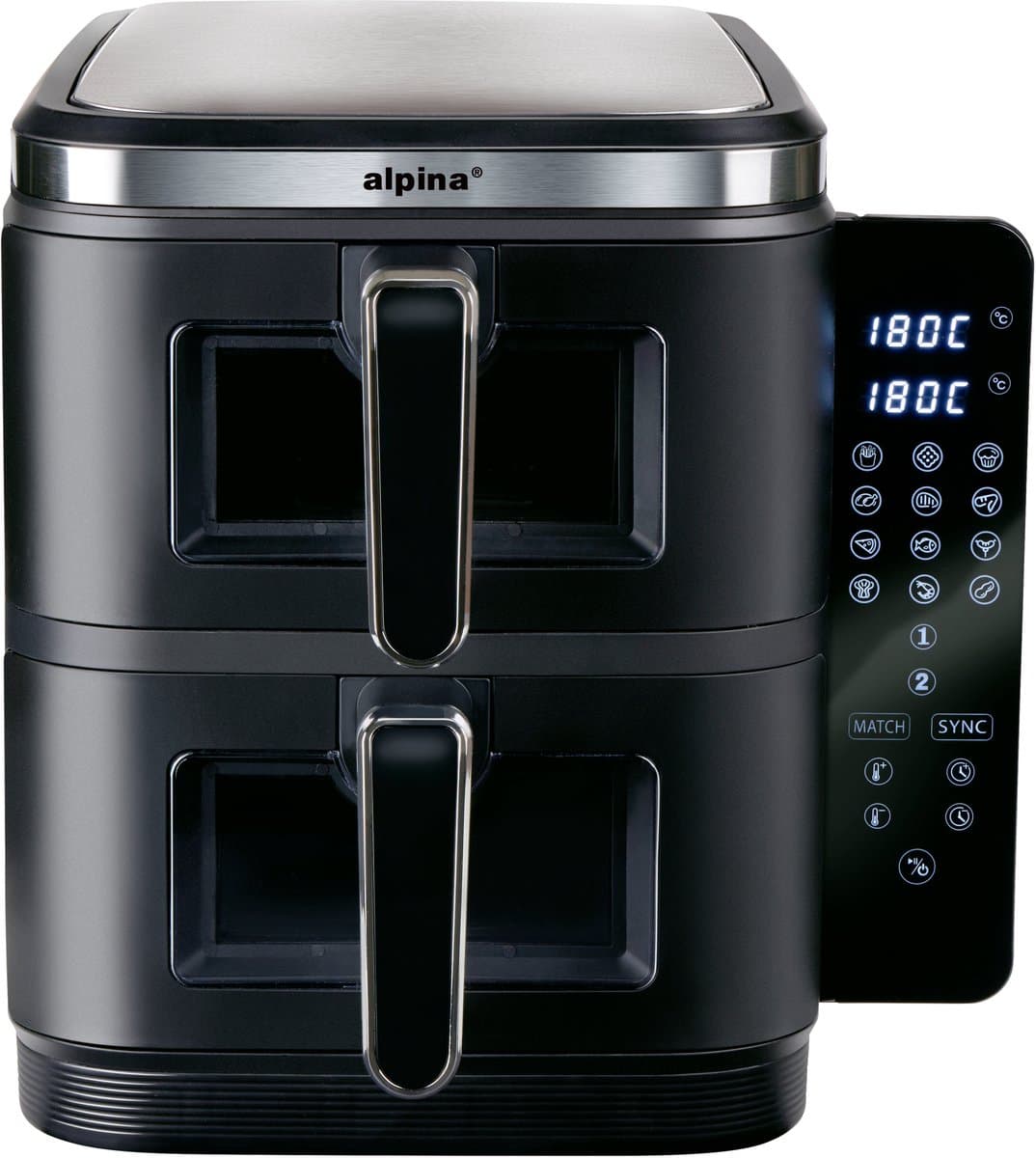 alpina Dubbele Airfryer XXL - 2 x 5.5L Manden - Heteluchtfriteuse 11 Liter - 12 Programma's - 2800 W - Zwart