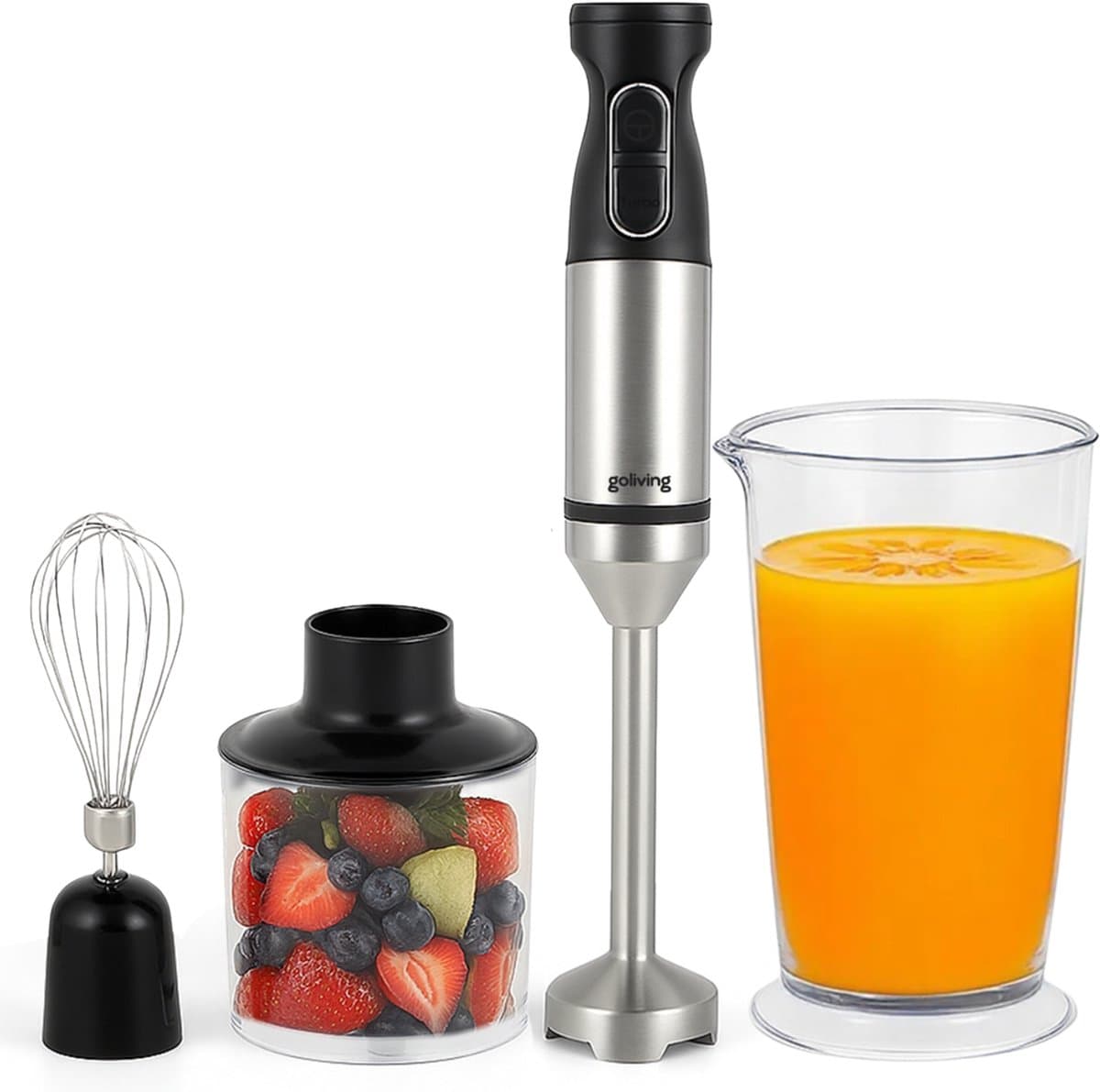 Goliving Staafmixer Set 4-in-1 - Hakmolen - Maatbeker - Garde - 1000W - Vaatwasserbestendige Accessoires - RVS - Zwart