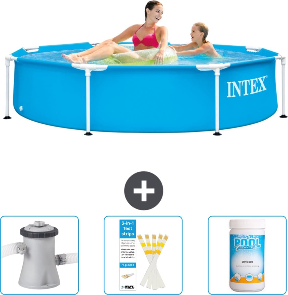 Intex Rond Frame Zwembad - 244 x 51 cm - Blauw - Inclusief Zwembadfilterpomp - Testrips - Chloor