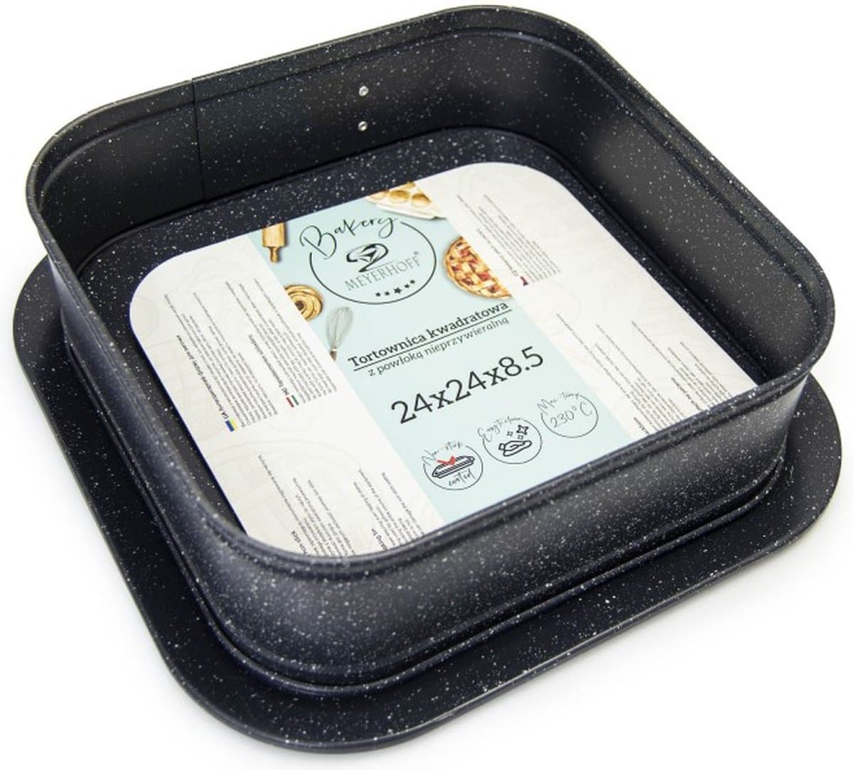 Meyerhoff Vierkante Springvorm 24 cm – Bakvorm met Opstaande Rand – Antraciet Marmer – Non-Stick Taartvorm – Met Serveerbodem – Voor Taart & Ovenschotel