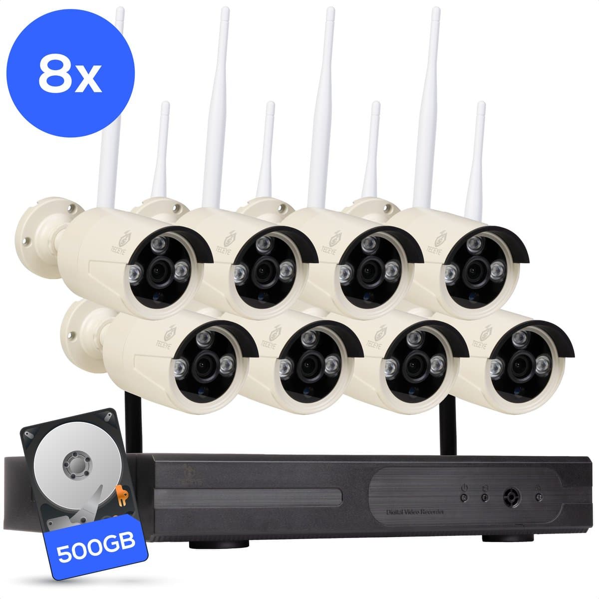 Teceye Compleet Camera Beveiliging Set met 8x Wifi IP Camera - CCTV Camerasysteem - Beveiligingscamera binnen - Wifi Beveiligingscamera Set Buiten - Beveiligingscamera - Beveiligingscamera buiten - Beveiligingscamera Draadloos buiten