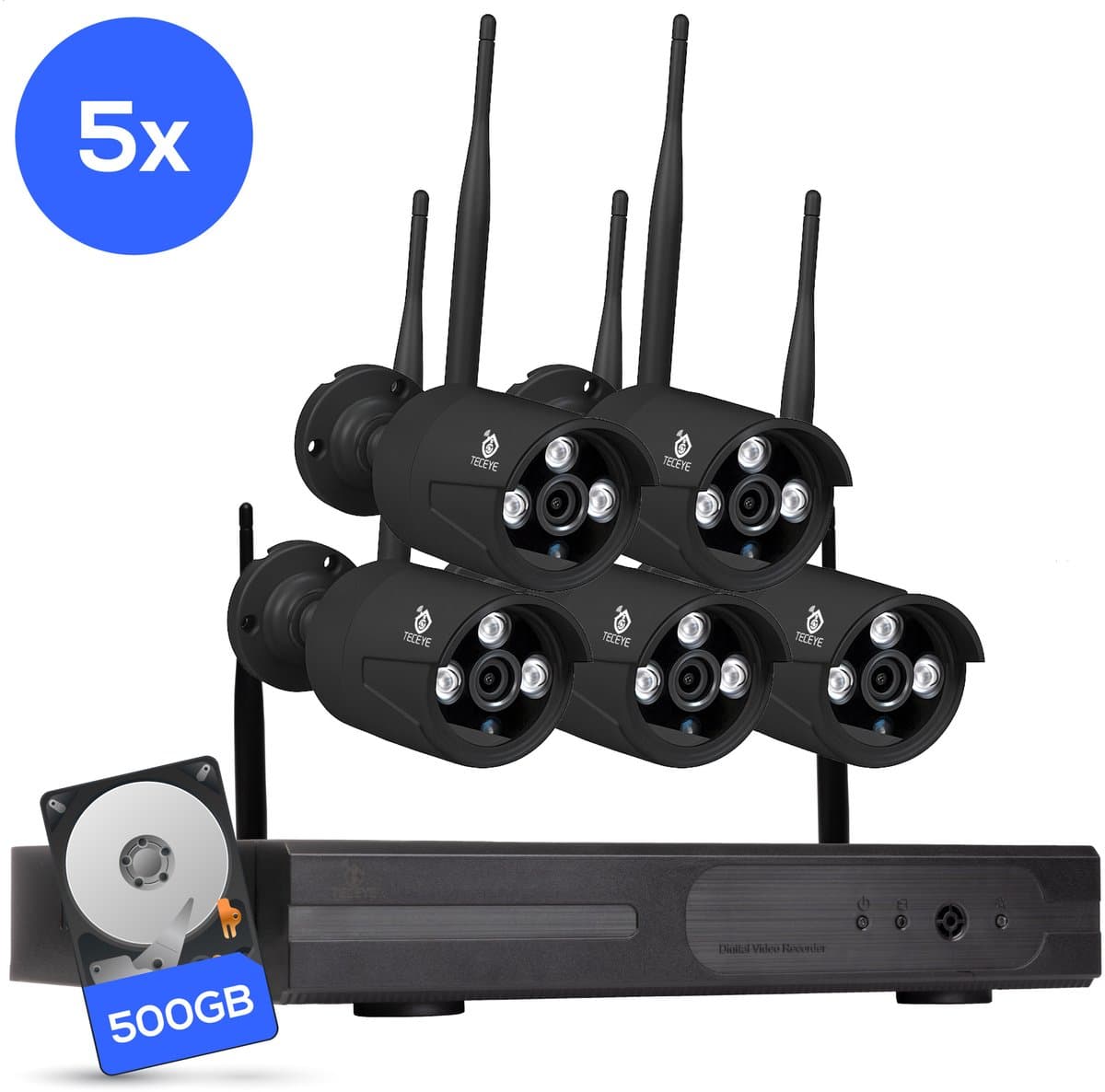 Teceye Compleet Camera Beveiliging Set met 5x Wifi IP Camera - CCTV Camerasysteem - Beveiligingscamera binnen - Wifi Beveiligingscamera Set Buiten - Beveiligingscamera - Beveiligingscamera buiten - Beveiligingscamera Draadloos buiten