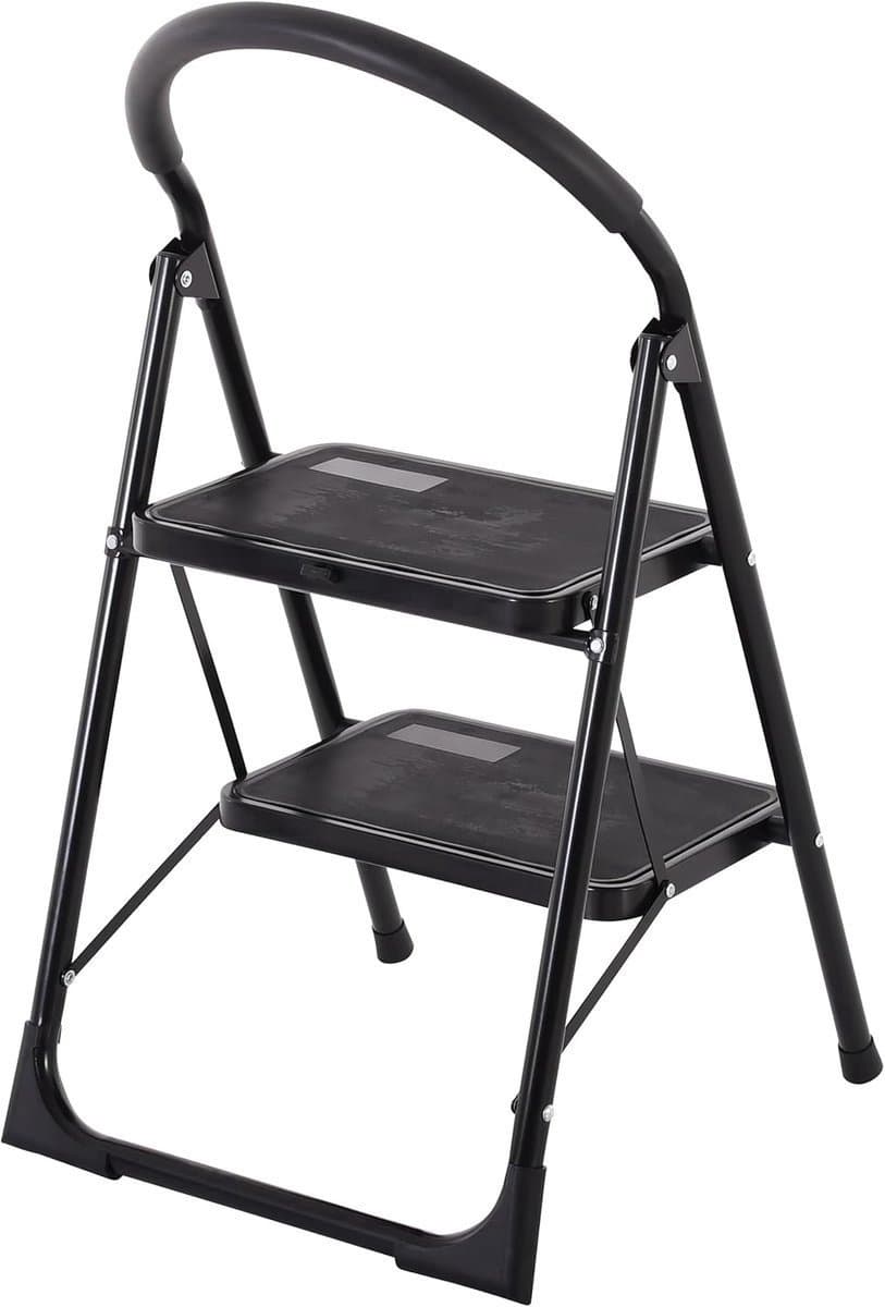 Borvat® – Inklapbare stalen trapladder met 2 treden – Antislip & stabiele huishoudtrap – Compact ontwerp – Zwart