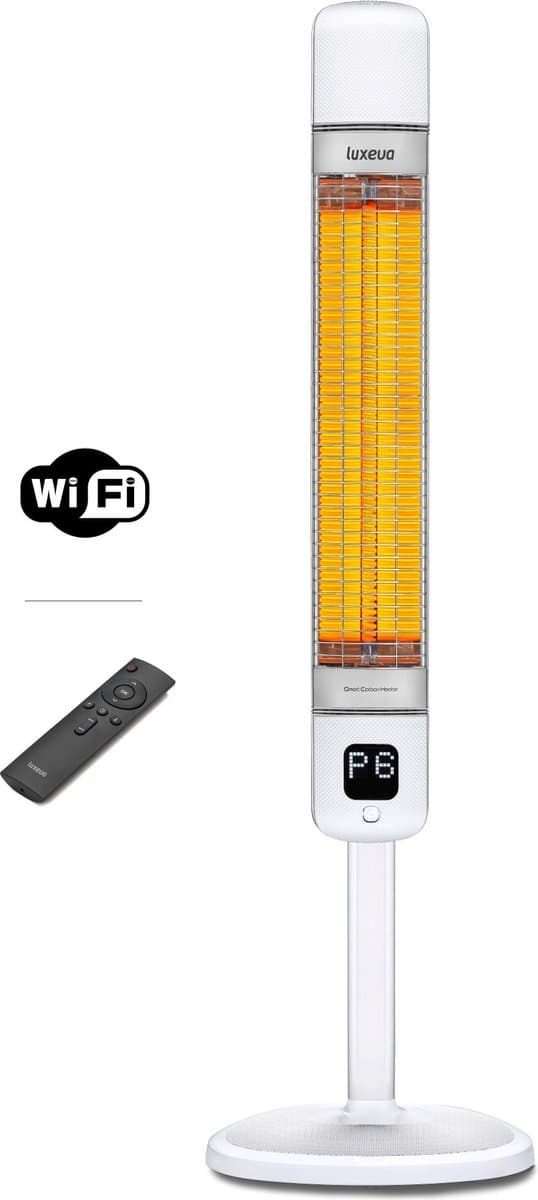 LUXEVA Smart FR WhiteWIFI 2500 WATT-Designed by Step&Stones hoveniers- Elektrische Terras Verwarming - Bedienen via je Mobiel / WIFI - Binnen en Buiten Staand Infrarood Kachel - Wit - Timer + 6 Instelbare Warmtes - Timer - Gratis Beschermhoes erbij !