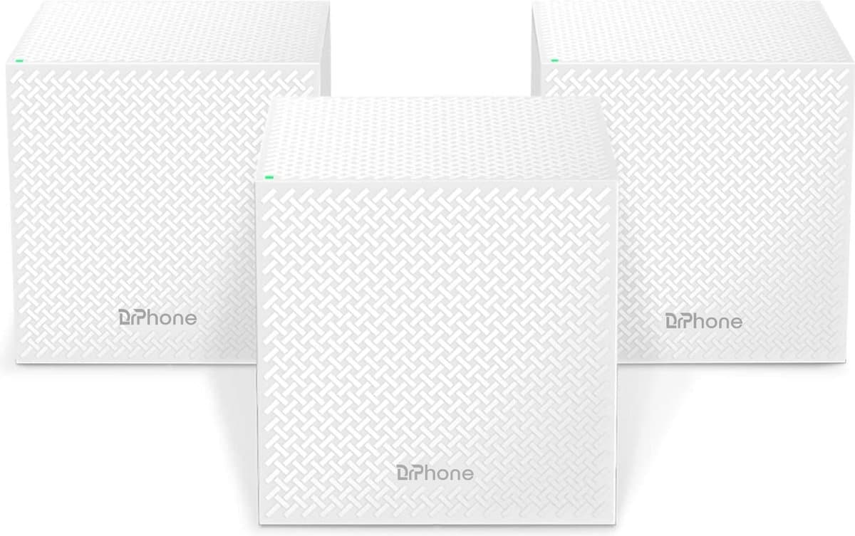DrPhone NOVA2 – Mesh WiFi 6 Router + 2x Satelliet - AC2100 - Zakelijk - 500 M² Bereik – Verbinding Met 120 Apparaten – WiFi Netwerk Met Ouderlijke Toezicht – Met Gastnetwerk - Wit