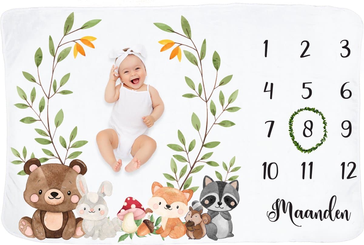 Frummel Mijlpaaldeken ‘Beestenboel’ – Milestone deken – Mijlpaal baby – Kraamcadeau Jongen – Kraamcadeau Meisje – Baby Shower Cadeau – Baby Cadeau – Mijlpaaldeken in het Nederlands – 100 x 150 cm