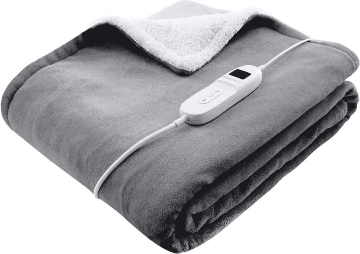Bloomfold Elektrische Deken - 160 x 130 cm - Wasmachinebestendig - 1 Persoons - 9 Standen - Met Timer - Warmtedeken - Grijs/flannel