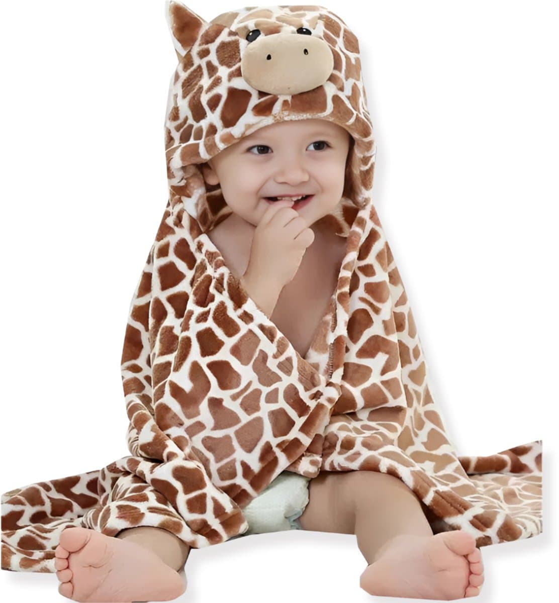 BoefieBoef Giraffe Dieren Badcape Baby 0-3 Jaar – Giraf Baby Handdoek met Capuchon – Fleece Wikkeldeken & Babydeken – Babycape, Omslagdoek & Badponcho – Kraamcadeau & Geboortecadeau – Bruin Geel