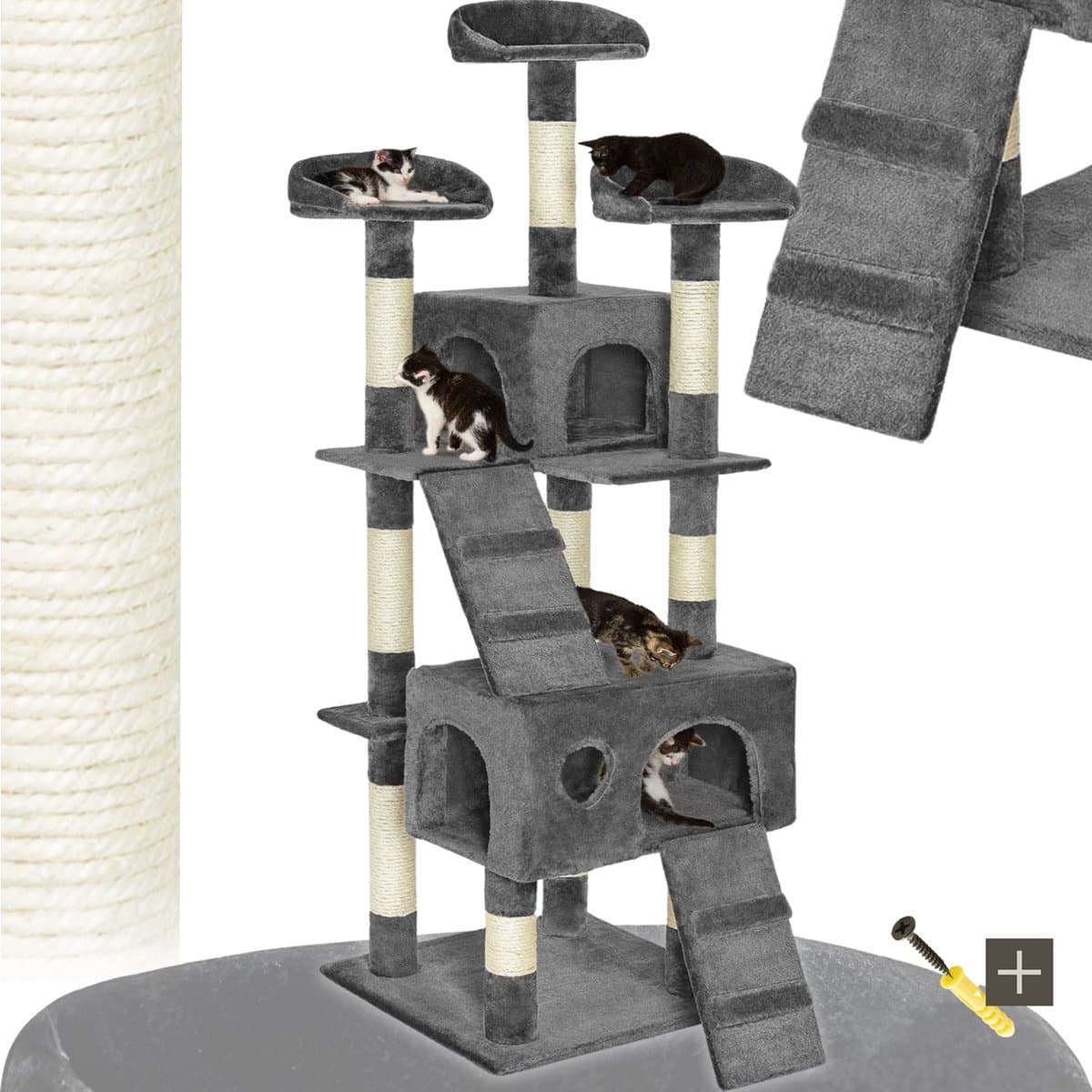 tectake® Kattenkrabpaal groot - Kattenboom met 3x sisal krabpaal en kattenaccessoires- 3x ligplaats en 1x kattenhuisje, 2x kattentrap - Middelhoog voor katten, kittens en katers - 170cm hoog - Grijs