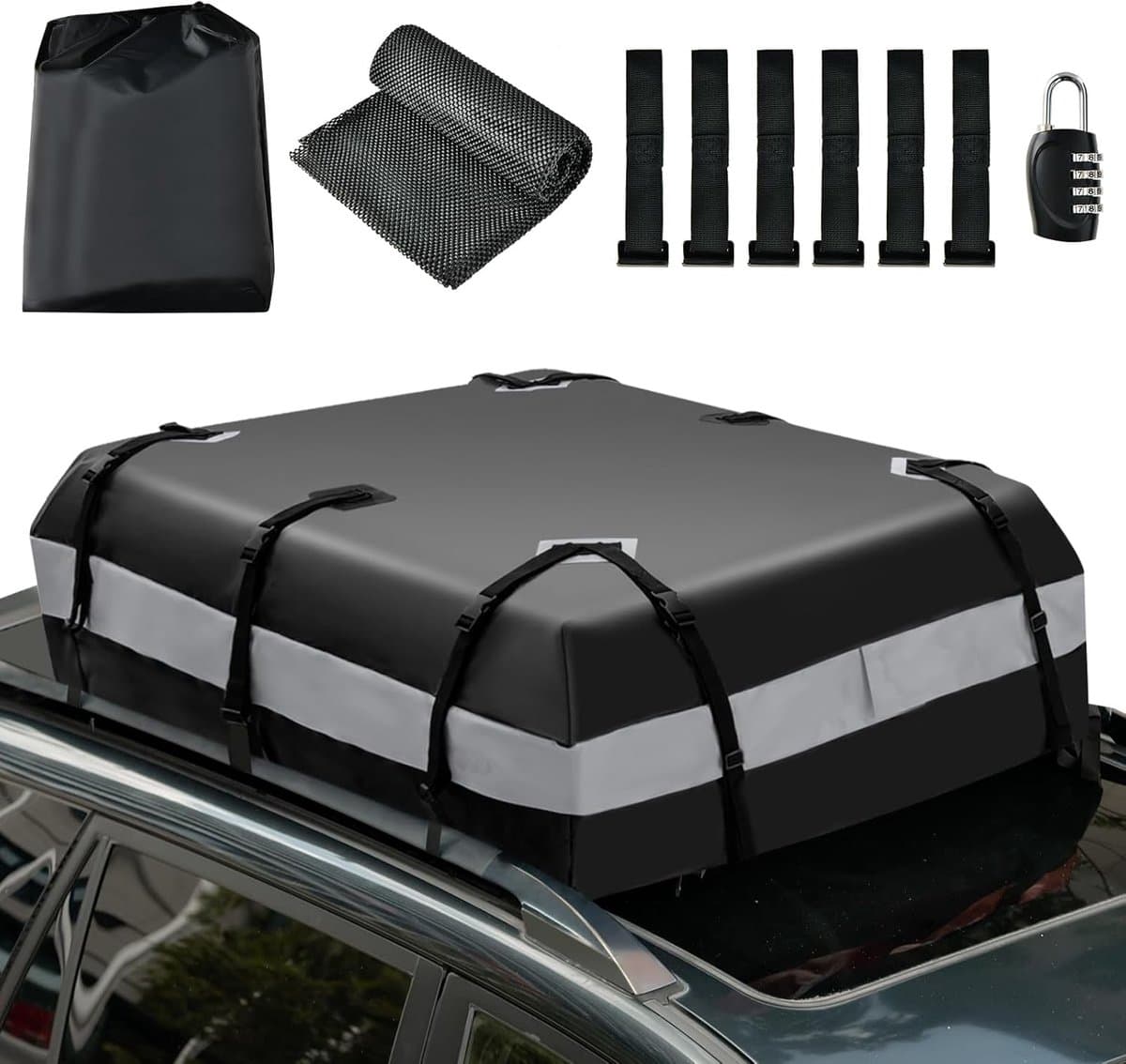 COSTWAY Dakkoffer voor de auto, inhoud 420 l, waterdichte daktas, met cijferslot, 6 deurhaken, antislipmat en draagtas, opvouwbare bagagebox, voor alle voertuigen, zowel met/zonder dakdragers, grijs