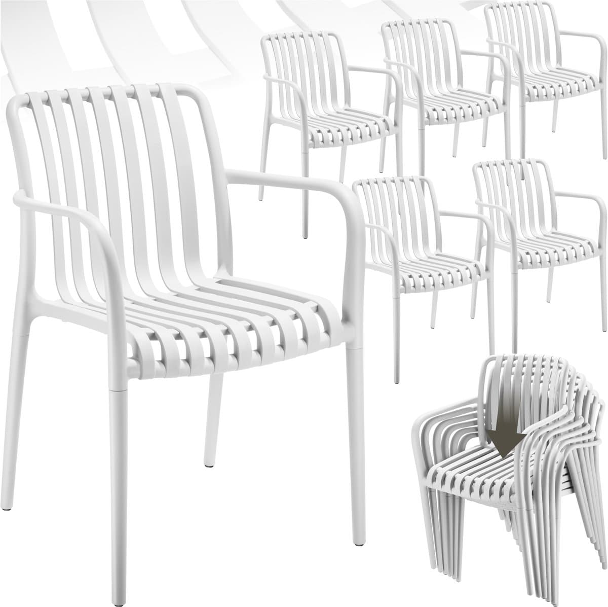 tectake® Set van 6 Tuinstoelen Alcudia - Creme - Kunststof Stoelen met Armleuning - Tuinset voor om de Tuintafel of op de Camping Stapelbaar - Stoelen voor Tuin, Terras of Balkon - Weerbestendig en UV-bestendig - Draagkracht 120kg per Tuinstoel