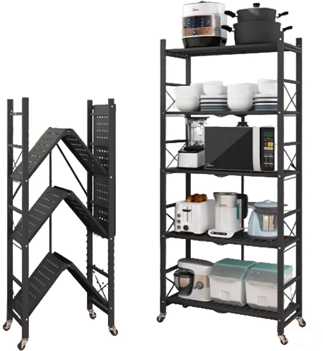 FOXSPORT Inklapbare stellingkast -5 plank kast - Opbergplanken - Met 360° wielen - Open Vakkenkast - Keuken Opslag - Keuken Organizer - Stevig Opbergrek Magnetron - Keukenrek - Roestvrij Staal - Industrieel - 71.5x36.5x163cm - Zwart