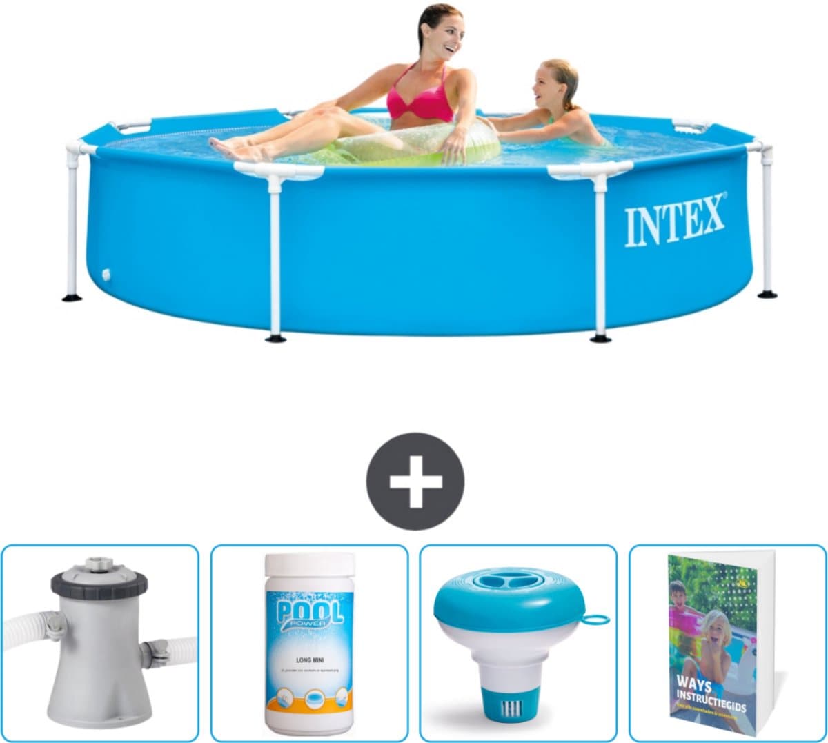 Intex Rond Frame Zwembad - 244 x 51 cm - Blauw - Inclusief Zwembadfilterpomp - Chloor - Chloordrijver - Zwembadgids