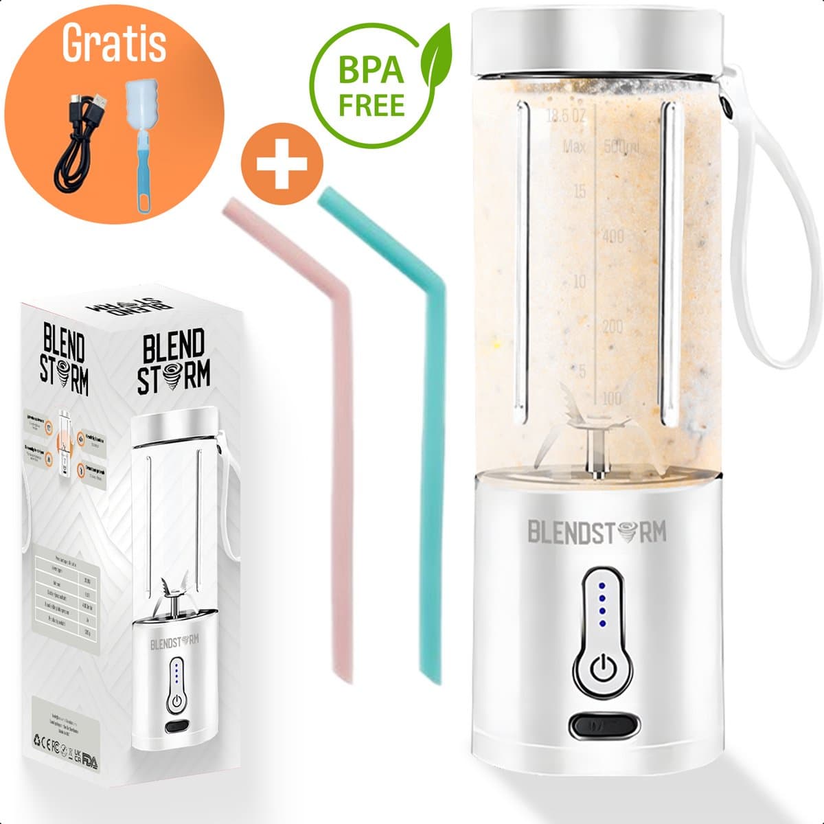 BlendStorm® Draagbare Blender - Draadloze Blender - Draadloos - Blenders - Blender To Go - 6 Mesjes - Mini Blender - Smoothie Maker - Juicer - Keukenmachine - USB Oplaadbaar - 500 ml - Wit